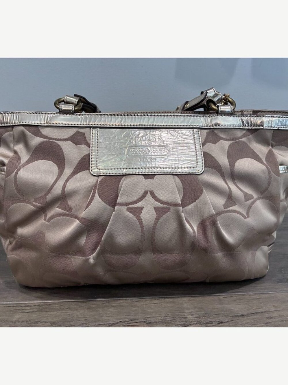 Coach 13026 Signature Sateen Gallery Tote Metallic Khaki Shoulder Bag